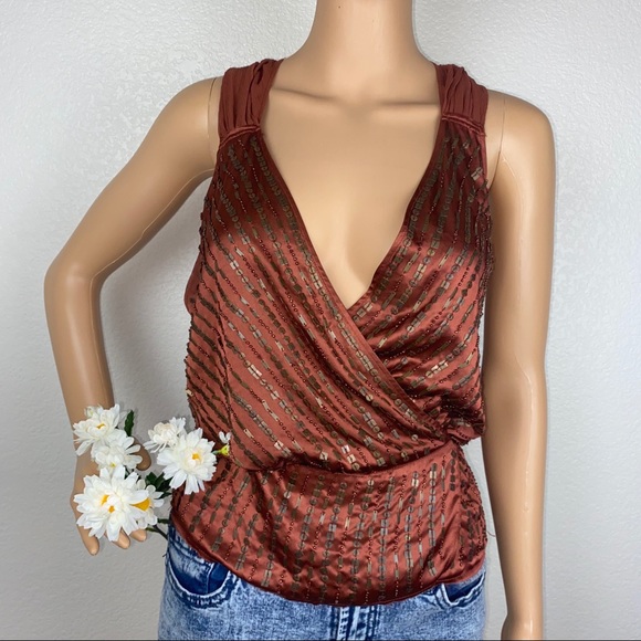 Walter Baker 100% Silk Metal Sequin Embellished Wrap Vest Blouse Top - Picture 2 of 8
